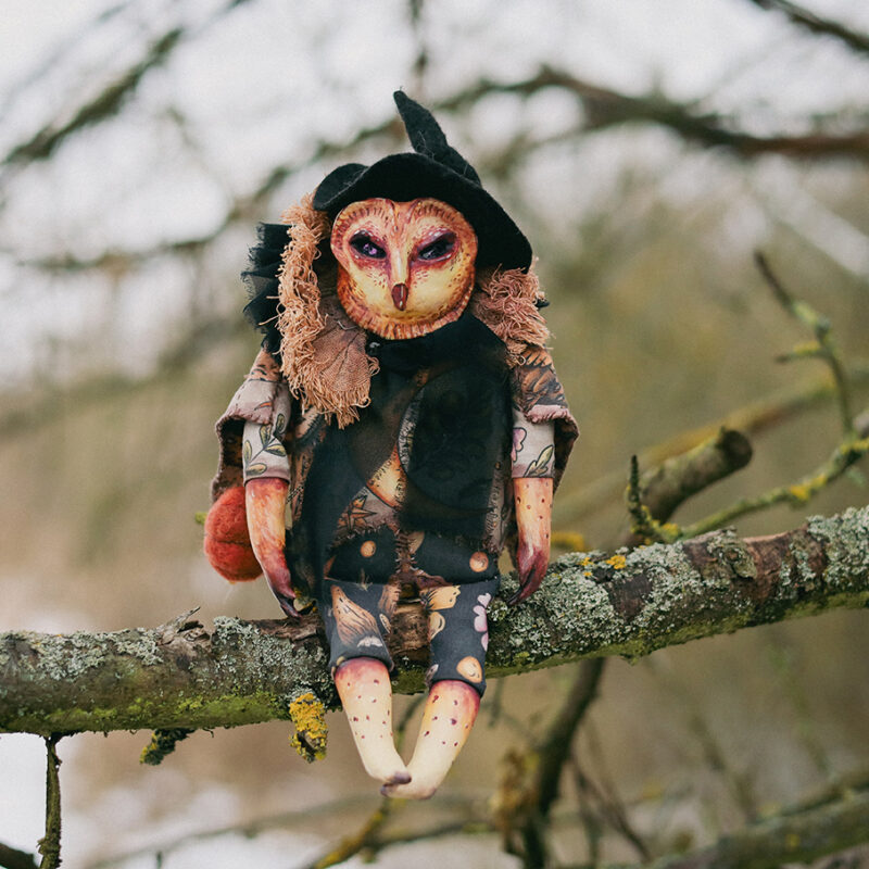 OOAK Halloween Owl Witch Doll Handmade Art Doll with Pumpkin Charm