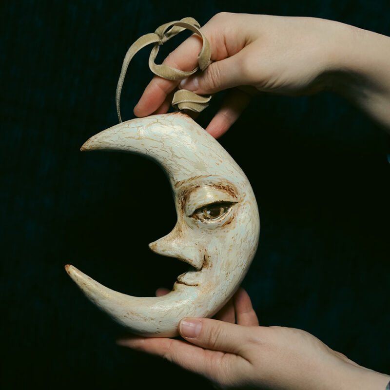 Vintage-Style Crescent Moon Ornament with Human Face - Handmade Papier-Mâché Wall Hanging