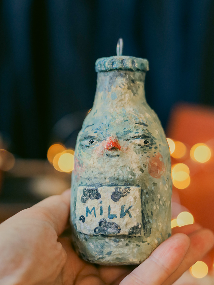 Milk Bottle — Handmade Spun Cotton Christmas Ornament