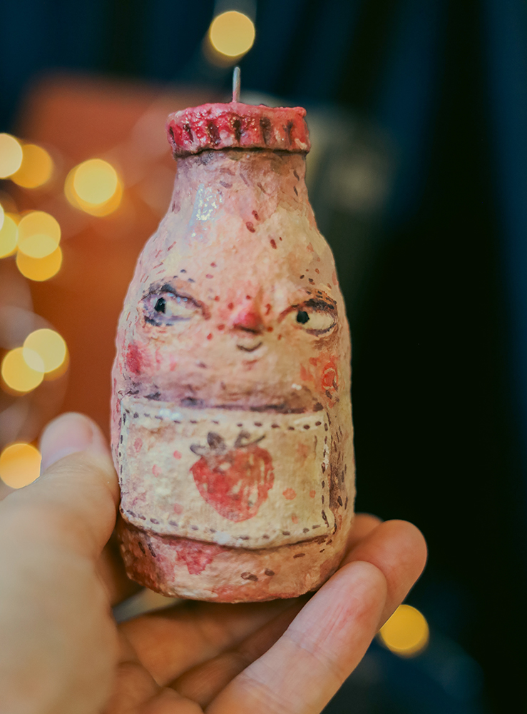 Strawberry Milk Ornament — Handmade Spun Cotton Christmas Decoration