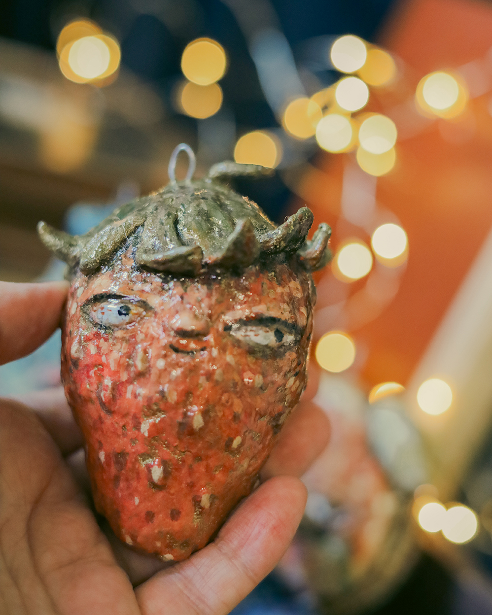 Strawberry Christmas Ornament — Handmade Spun Cotton Decoration